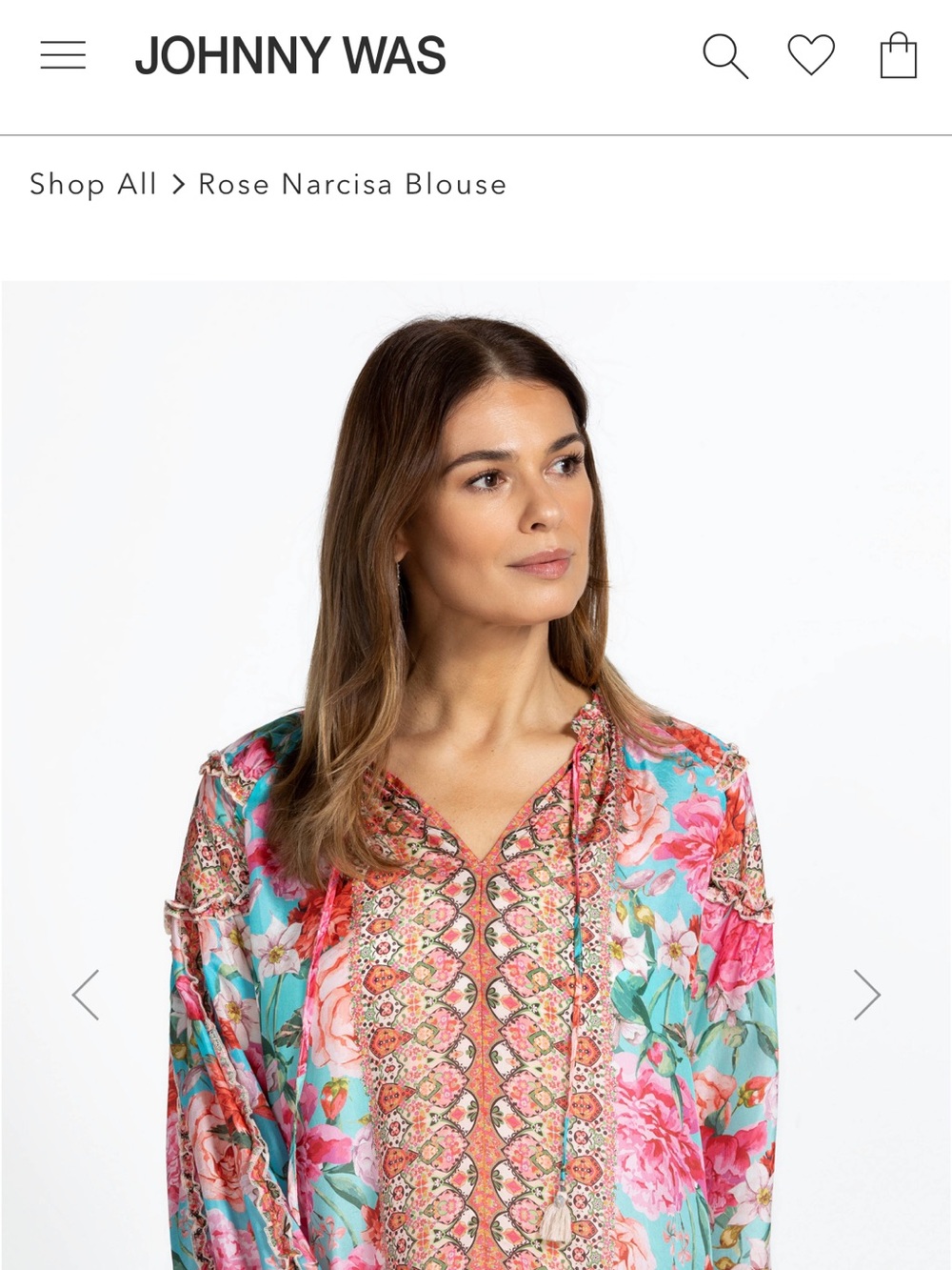 Johnny Was 100% Silk Rose Narcisa Pink Floral Split-Neck Long Sleeve Blouse - Picture 12 of 12
